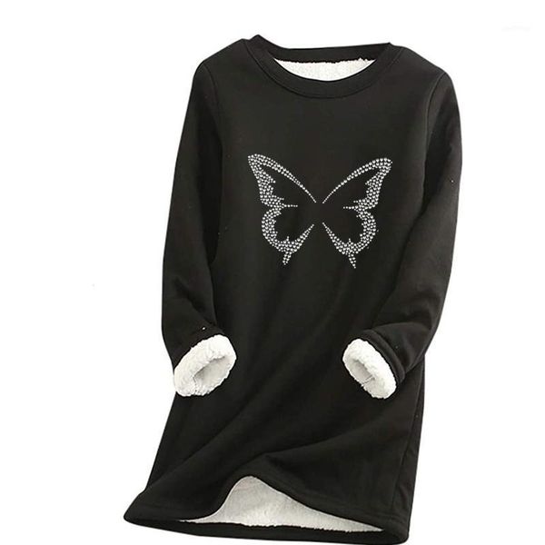 

#s0 butterfly print shirt thick fleece blouse women winter velvet oversized shirts o neck women plus size blouses, White