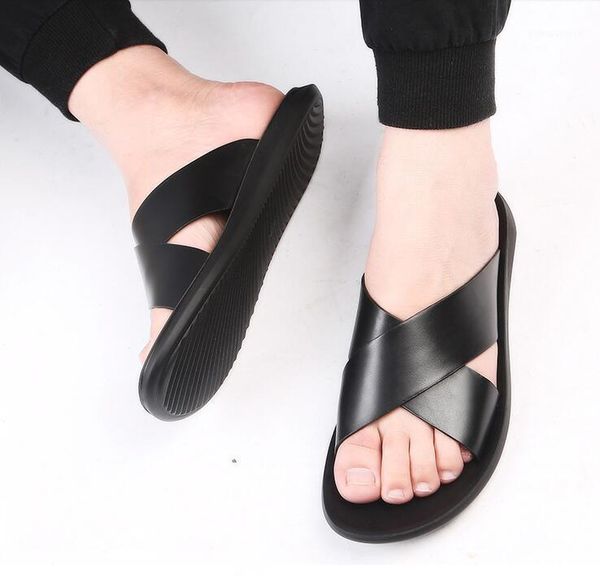 

sandals men genuine leather slippers summer brand soft comfortable beach slippers men casual cross outdoor slides 4.81, Black