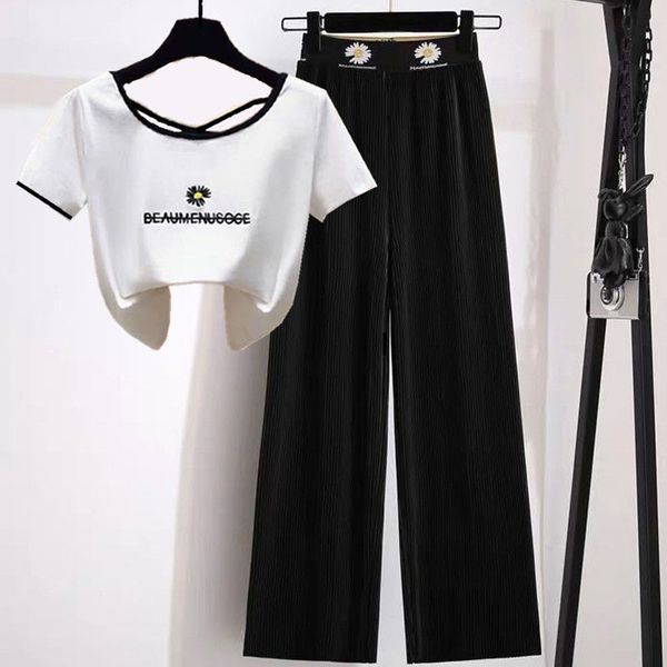 

new female shirt 2021 + ankle-length pants pieces define floral feminine fashion printed the neck assembly elastic waistline z0ry, Black;white