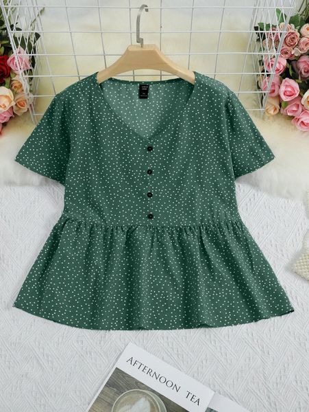 

plus polka dot button half peplum blouse d5zu#, Black
