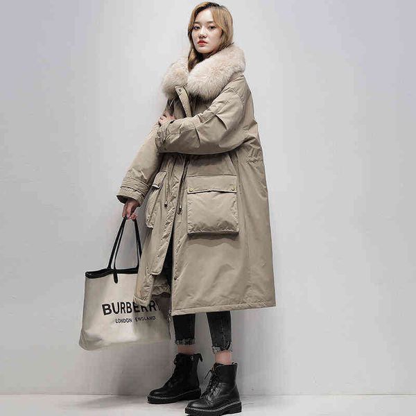 

winter 90% white duck down coat real fur hooded jacket casual big pocket thick parkas loose jackets windproof snow outwear 211221, Black