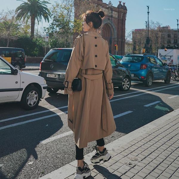 

charming ladies long sleeve loose over-the-knee trench coat for women double breasted casual windproof classic women clothes1, Tan;black
