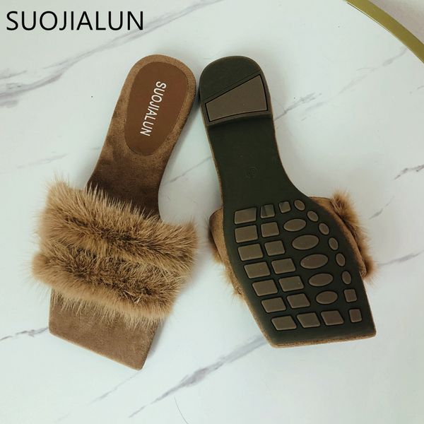 

suojialun 2020 women furry slippers plush real hair fluffy sandals comfortable soft sole winter warm fur slides x1020, Black