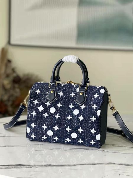 

2022 highest quality blue denim boston bags gold lock hardware designer women handbags speedy bandouliere travel shoulder bags 25 cm zipper