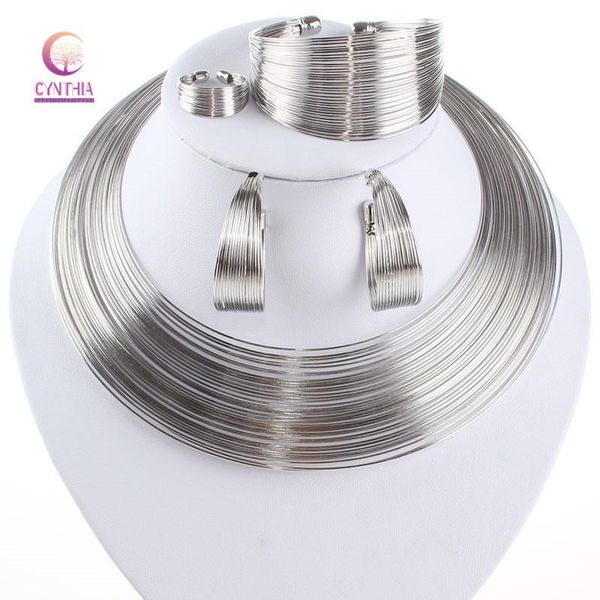 

fashion dubai jewelry sets african women gold wire necklace bracelet earrings ring jewellery set nigerian bridal gold jewelry, Silver