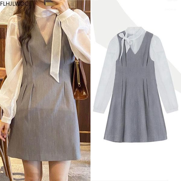 

organza shirt dress 2020 autumn cute sweet new design sleevless casual date wear women korea japan chic bow tie tank dresses1, Black;gray