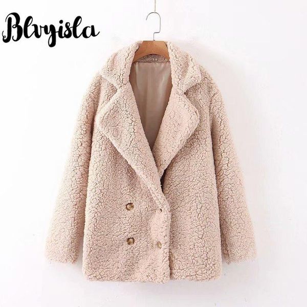 

women's wool & blends blvyisla autumn winter lapel long-sleeved lamb woolen jacket coat women fashion slim double-breasted outwear, Black