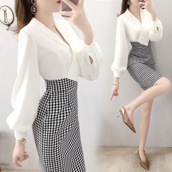 

2020 new ol commuting professional dress commuting professional temperament women's spring dress plaid stitching buttock skirt medium l, Gray