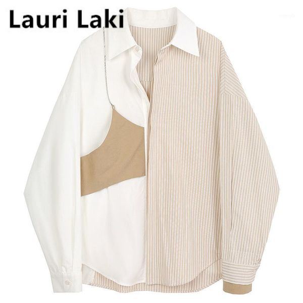 

lauri laki vintage patchwork stripe blouse women plus size elegant long sleeve shirts femme plus size autumn women 20201, White