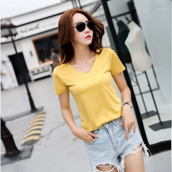 

new 2018 women summer fashion t shirt casual short sleeve v-neck tshirt female t-shirt women's 100% cotton tee shirt femme1, White