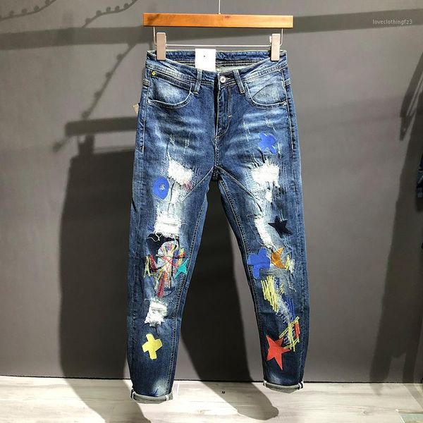 

men's jeans fashion streetwear men retro blue patches designer ripped personality destroyed pencil pants hip hop homme1