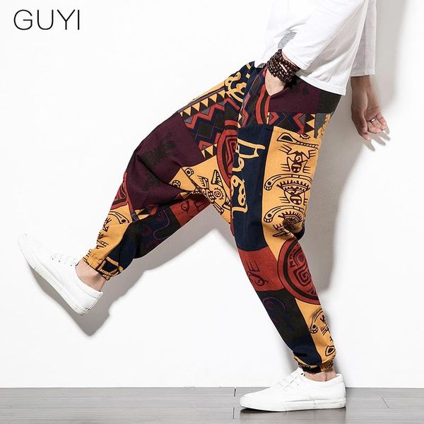 

chinese style print patchwork hip hop harem pants for men sweatpants cotton and linen plus size loose bloomers casual trousers, Black