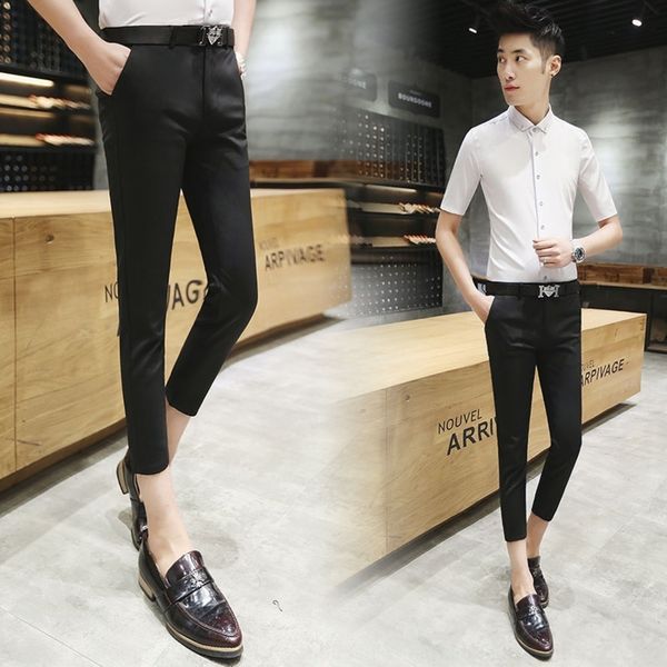 

gdlkz summer pants men's hairdresser 9.8 korean tight tbowz and trousers small feetmid low waist solid color 8.9 point suit trousers, Blue