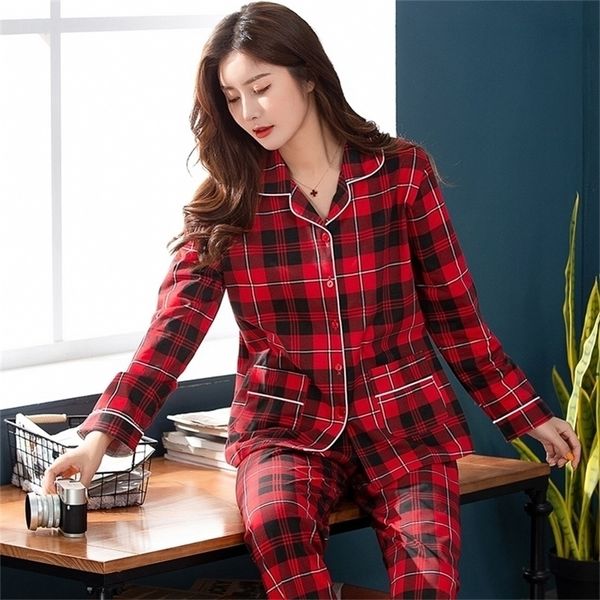 Mulheres Xadrez Nightwear Terno Outono Festivo Vermelho Manga Longa Princesa Pijama Casual Cardigan Homewear Plus Size M-3XL Pijama Mujer 201217