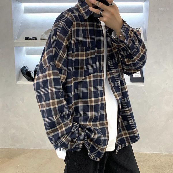 

autumn korean plaid shirt men's fashion hit color retro casual shirts mens streetwear wild loose long sleeve shirt men -xl1, White;black