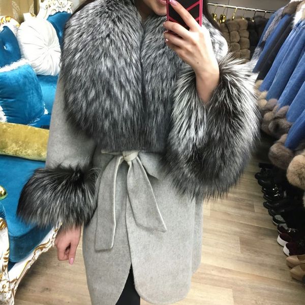 

women sleeve furealux overcoat natural coat jacket genuine leather cashmere collar loose real fur fox dslsb, Black