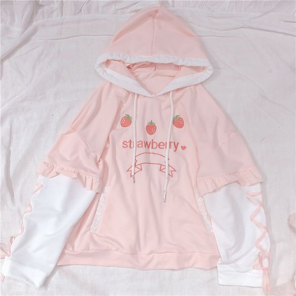 

soft sister cute strawberry embroidery women's hoodies kawaii young girl pullover spring bandage long sleeve hooded sweatshirt 201126, Black