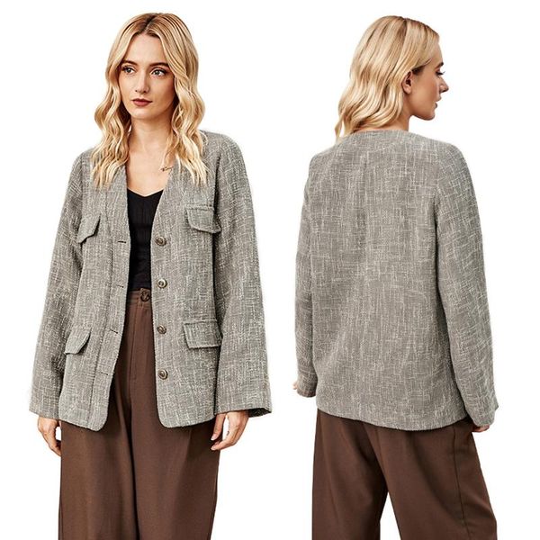 

2021 abrigo de invierno para mujer women's lapel casual coat slim short linen long sleeve suit single breasted elegantes, White;black