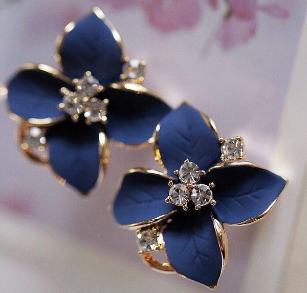 

sjcho-7 new elegant noble zinc alloy earrings blue flower crystal camellia ear clip ladies earrings pendant jewelry christmas, Golden;silver
