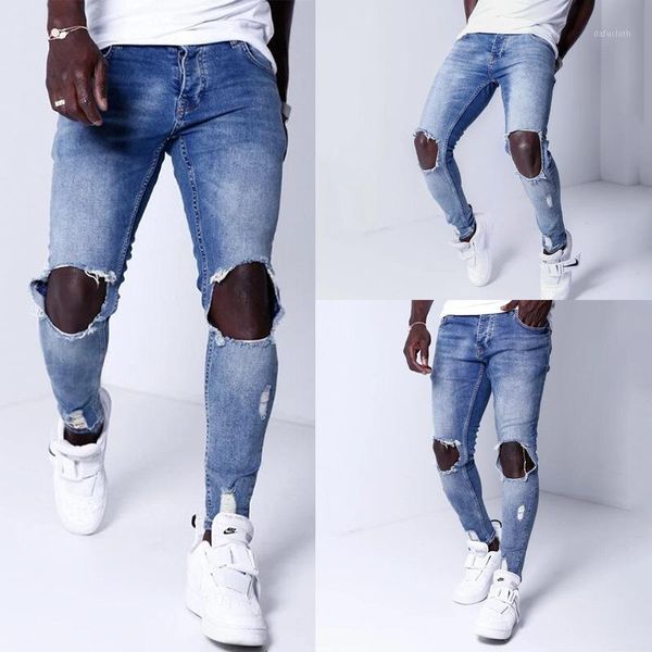 

men's brand new creative fashion personality casual long-sleeved jeans ripped men jeans pants mens skinny jean biker1, Blue