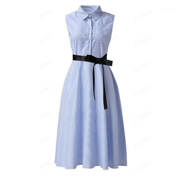 

casual dresses women fashion lapel neck striped sleeveless summer lace up a-line dresses1, Black;gray