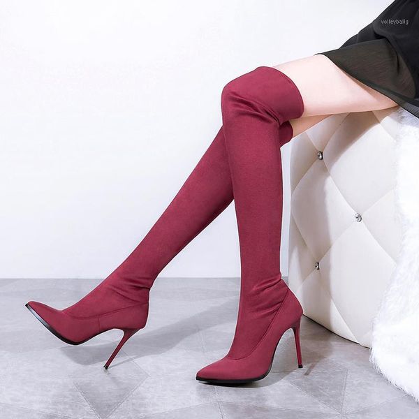 

2020 spring women over the knee 10cm high heels long boots plush flock sock stretch boots female girls knight thigh high shoes1, Black