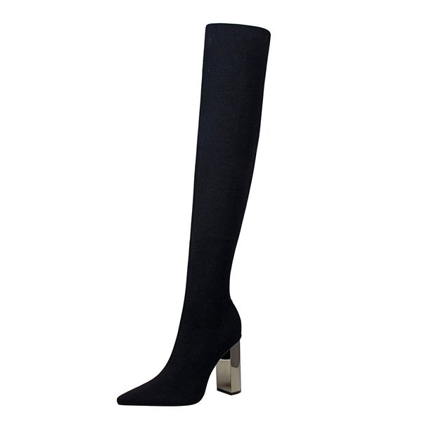 

ltarta 2020 woman long boots knee high boots square metal heel high heeled pointy elasticity thin wool boots. ds-3128-1 c1011, Black;white