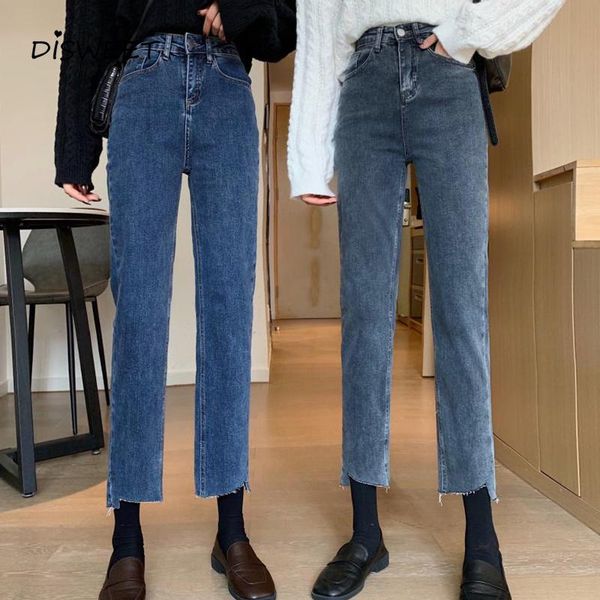 

high waist stretch jeans woman korean style buttons with irregular edges jeans women simple slim solid straight leg pants ladies, Blue