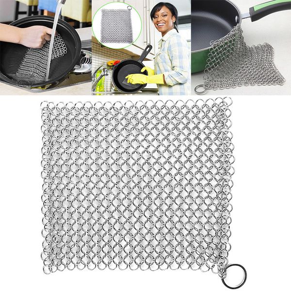 

8*8 inch cast iron cleaner stainless steel 316l chainmail scrubber cleaner pan ovens scraper cast iron grill skillet kitchen tools wx9-85