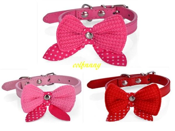 

dog collars & leashes 500pcs/lot fast wool bow tie pet collar pu leather puppy bell cat neck strap 8 colors