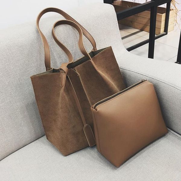 

women suede handbags soft leather women bag 2pcs handbags set female shoulder bags large casual tote bags l8-421 c1223