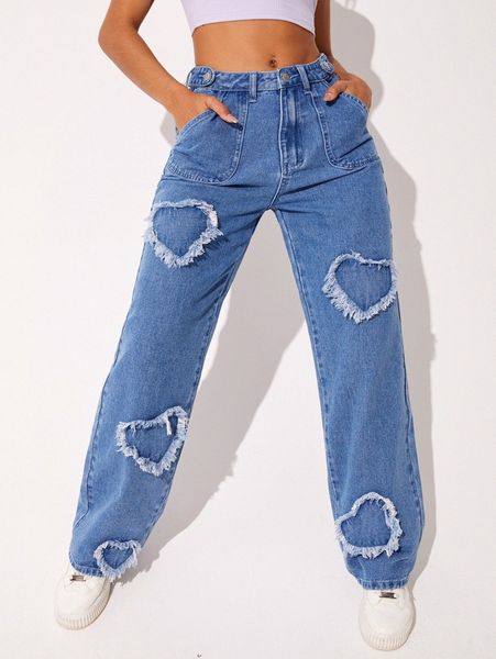 

heart pattern slant pocket jeans c2wl#, Blue