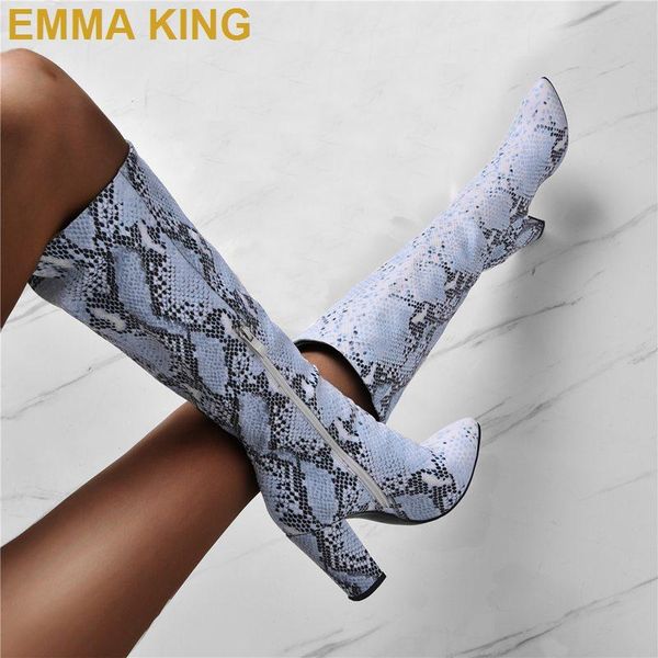 

boots fashion snake print chunky heel knee high women pointy toe ladies shoes autumn winter woman 2021, Black