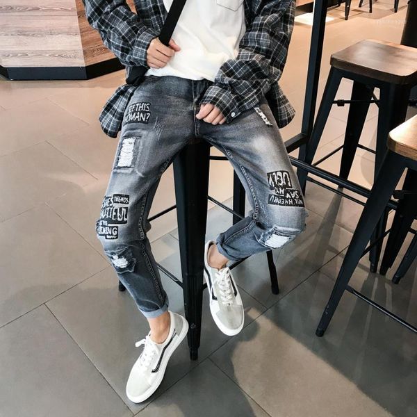 

denim trousers men's tide brand slim feet pants korean version of the trendy handsome casual wild students nine points pants1, Blue