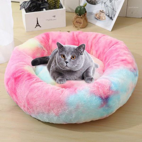 

cat beds & furniture round colorful rainbow bed panier pour chien winter warm dog soft long plush puppy deep sleeping cushion cats supplies1