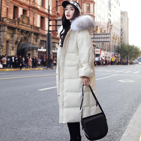 

white down jacket women long thick loose large fur collar over-the-knee loading2020 new style for winter, Black