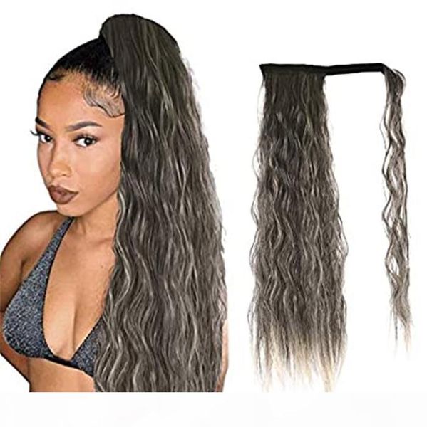 

gray brown light blonde ponytail ombre human extension curly wrap ponytail corn wave hairpiece magic paste ponytail long hair extensions, Black