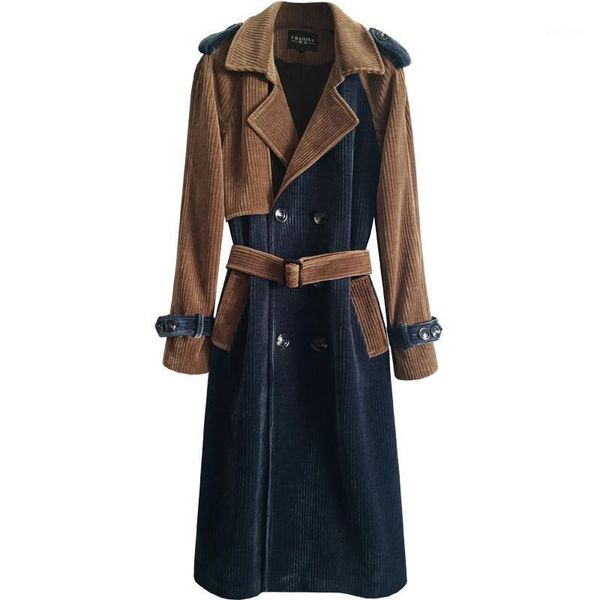

men super long corduroy trench coat autumn and winter new retro color matching coat over the knee long new fashion s-6xl1, Tan;black