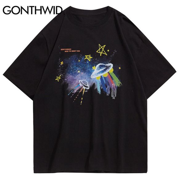

hip hop streetwear tees shirts graffiti ufo alien galaxy print short sleeve men harajuku casual cotton kg-593, White;black