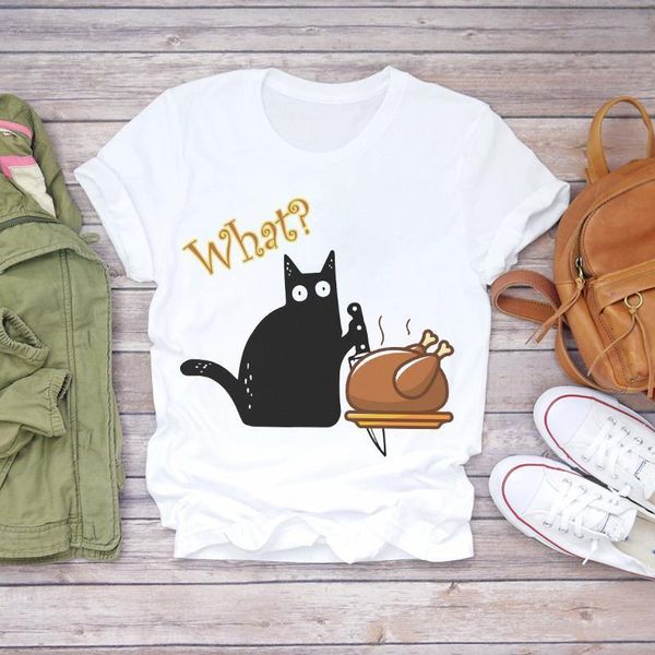 

women cartoon cat 90s funny cute thanksgiving halloween print lady t-shirts womens graphic t shirt ladies female tee t-shirt, White