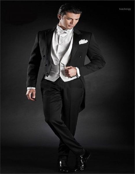 

wholesale classic black satin tail coat groom tuxedos groomsman suit custom made man suit handsome tailcoat (jacket+pants+vest)1, White;black