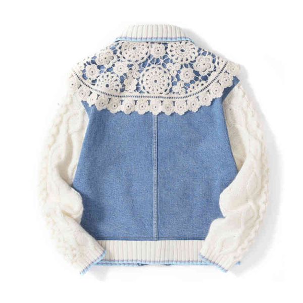 

women's jackets twotwinstyle denim knitted jacket for women lapel collar long sleeves two pockets lace pattern hit color coats female h, Black;brown