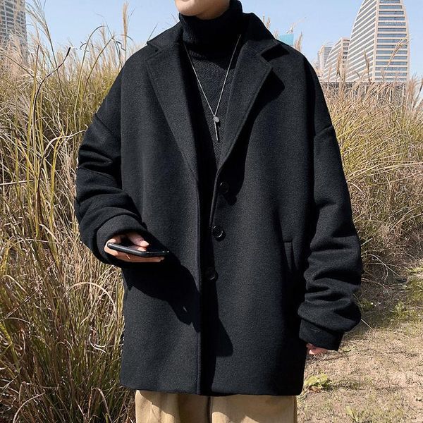 

2020 winter woolen coat men middle long lapel student jacket black mens overcoat wool blend windbreaker