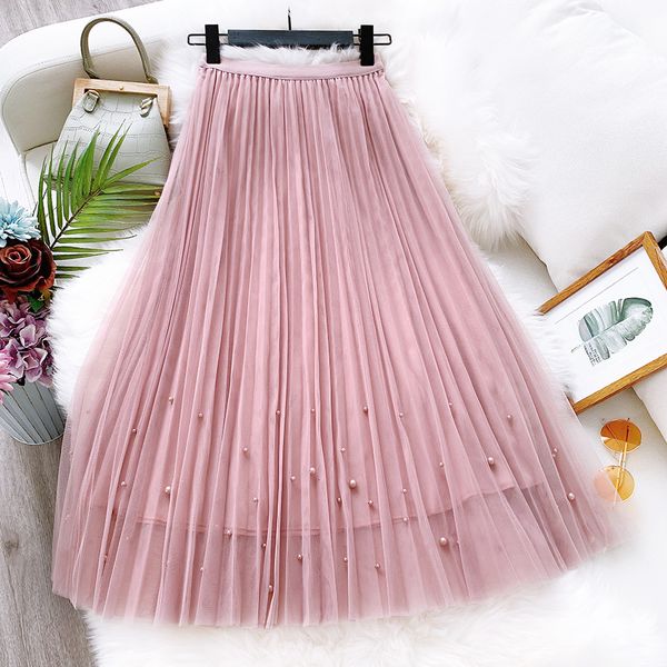 

2021 new spring summer beading mesh pleated skirts high waisted women midi party tulle tutu skirt saias faldas jupe femme 43cu, Black