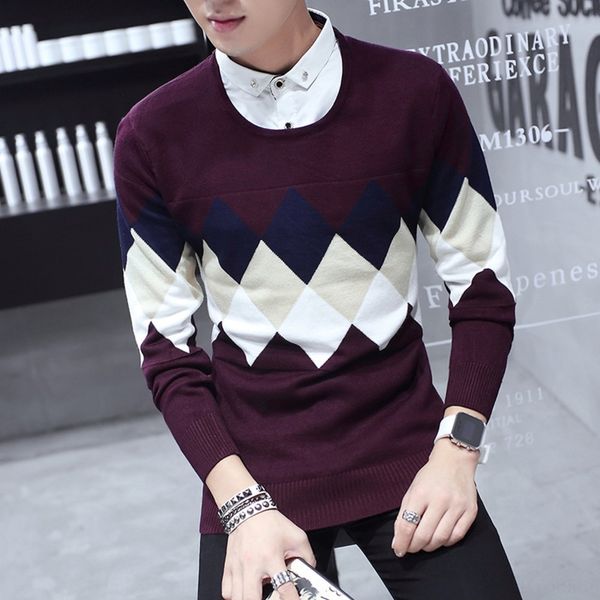 

rp6vv 2020 autumn korean style sweater trendy fake two-piece knitted sweater men's business casual stretch slim lapel base shirt 3bpa, Blue