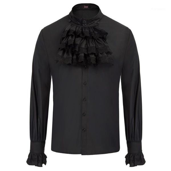 

men's dress shirts 2021 solid long sleeve british style cotton men's shirt sd gothic steampunk stand collar jabot decorated 1, White;black