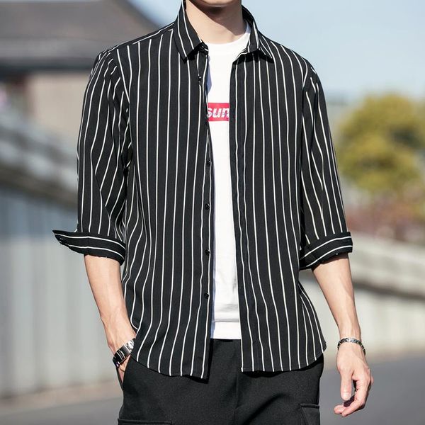 

stylish simple lapel vertical striped loose buttons seven-point sleeve shirt men's black blue yellow white stripe shirt top, White;black