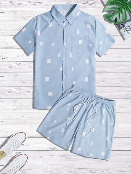 

men geo print shirt & drawstring waist shorts 03wm#, Gray