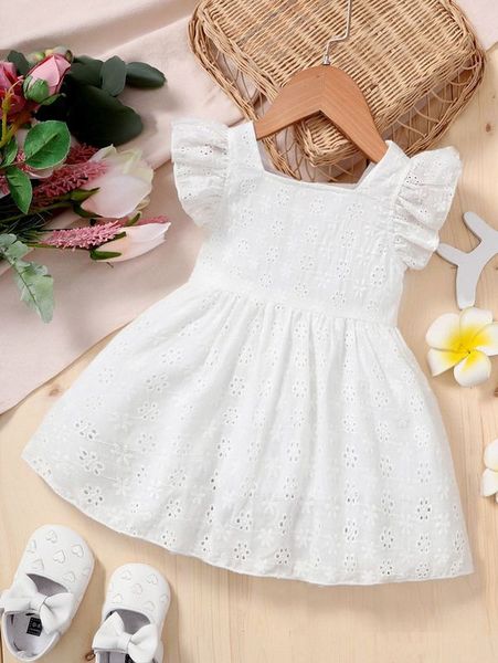 

baby ruffle trimed eyelet embroidered dress she, Red;yellow