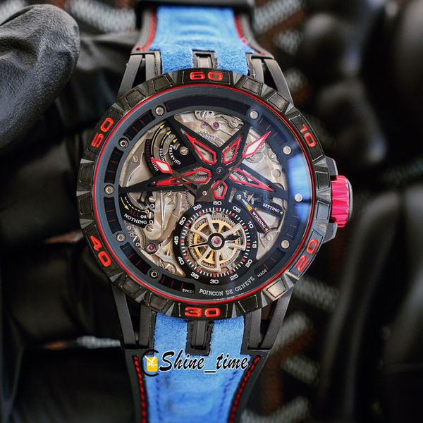 

new skeleton tourbillon dial titanium alloy black dlc case excalibur spider rddbex0862 automatic mens watch blue leather strap watches, Slivery;brown